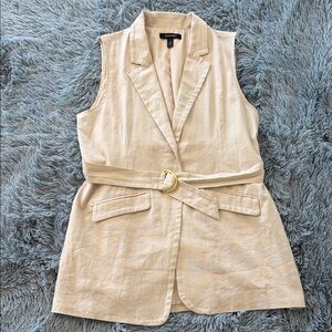 Ellen Tracy Women's Sz Lg Sleeveless Long Vest Blazer Linen Blend Beige Belt
